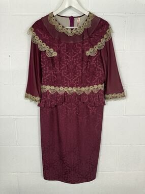 Princess Sheath Dress Large Evening Burgundy Wine Paisley Embroidered Formal N94